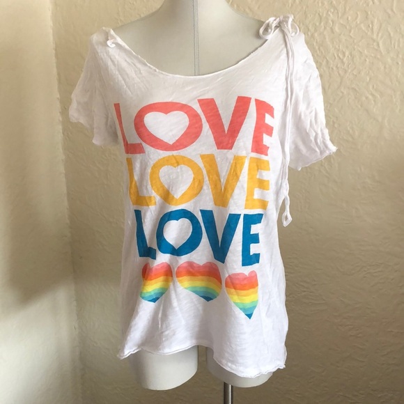 Chaser Tops - Chaser White Coral Yellow Blue Love Rainbow Hearts T-Shirt Small
